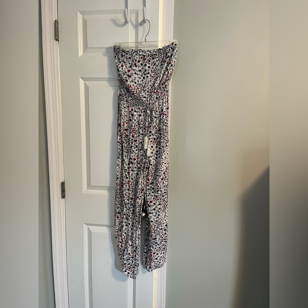 Strapless Red, White, & Blue Floral Jumpsuit